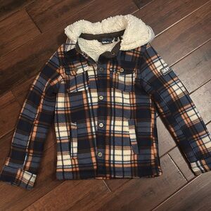 DKNY Blue and Orange Plaid Jacket with Sherpa Lining size 8 kids